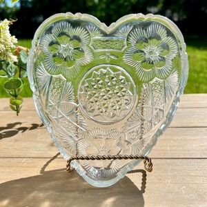 Vintage Heart Shaped Glass Trinket Tray|Plate w/ Floral Design